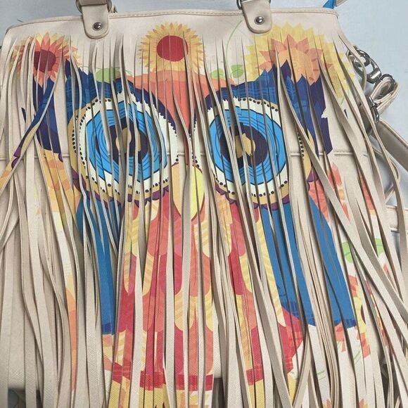 Retro Hippie Fringe With Psychedelic Owl Design Crossbody Shoulder Tote 14X13 - Picture 3 of 12